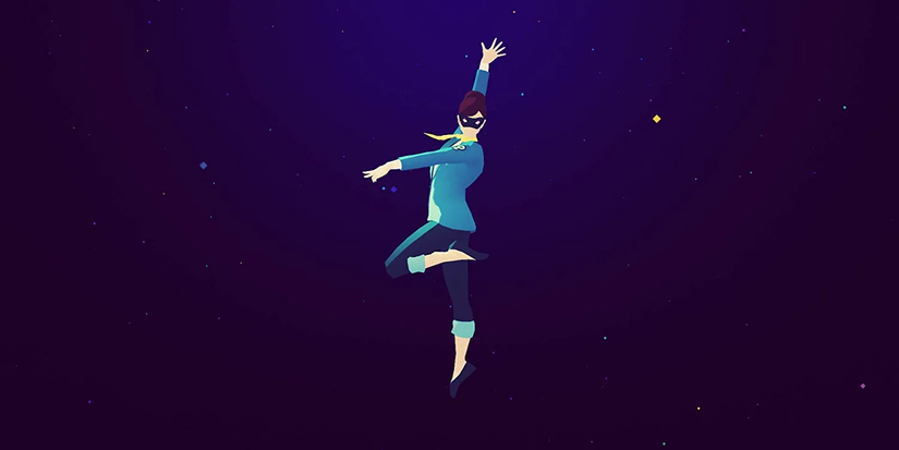 A Sayonara Wild Hearts character posing mid-air