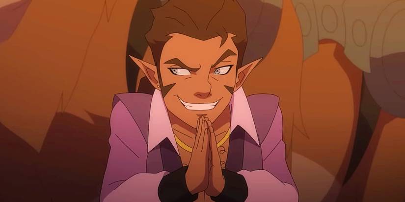 Scanlan smiling and rubbing his hands together in The Legend of Vox Machina season 2