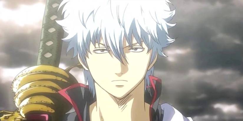 Sakata Gintoki glaring at the camera with a sword over his shoulder in Gintama.