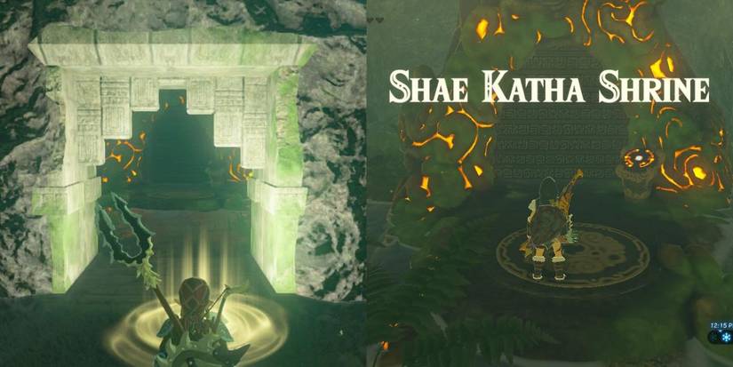 Two side-by-side images of Link approaching the entrance to Shae Katha shrine in Zelda BOTW.
