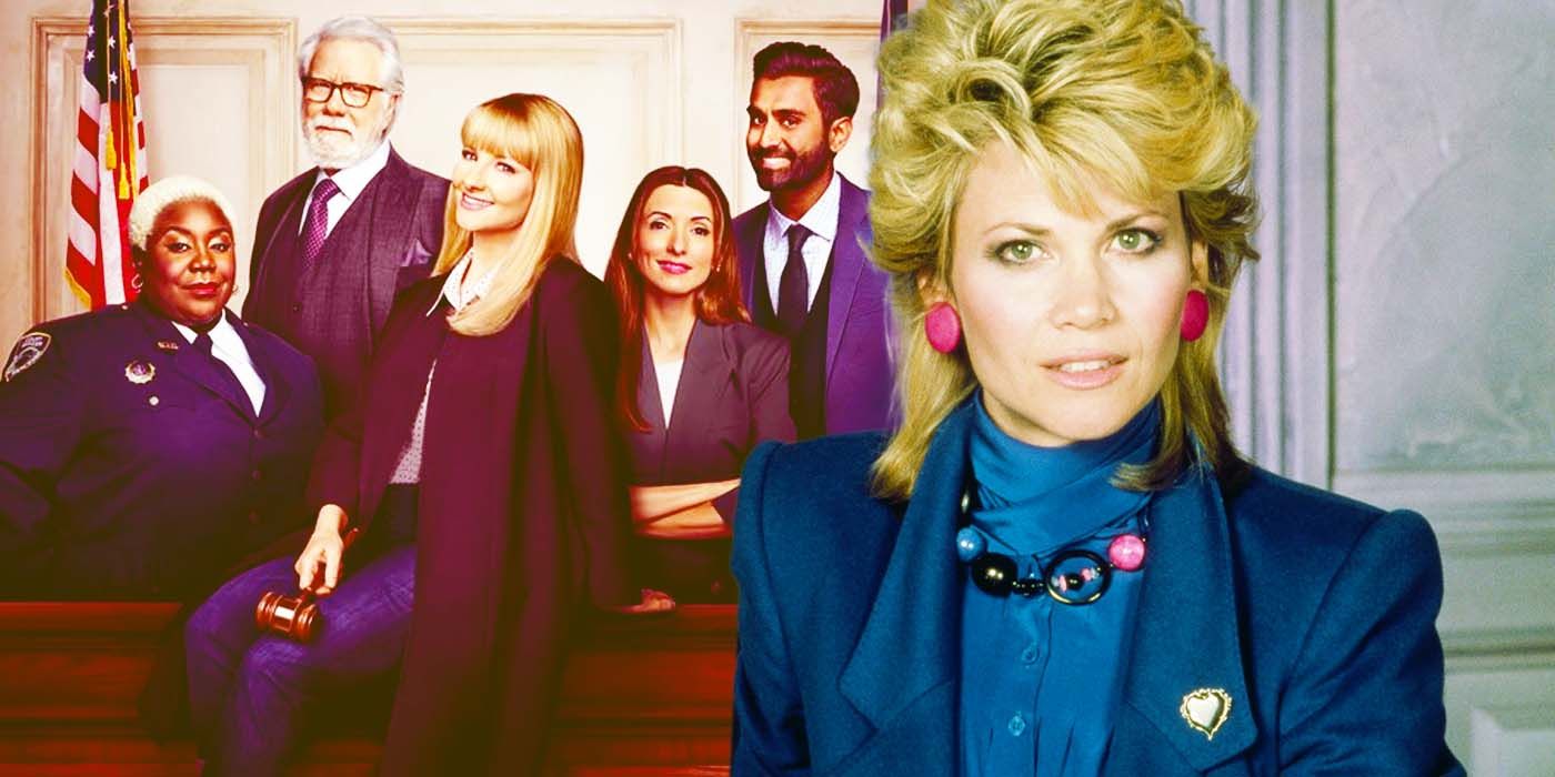 A blended image features the modern cast of the Night Court reboot and Markie Post as Christine Sullivan in the original Night Court