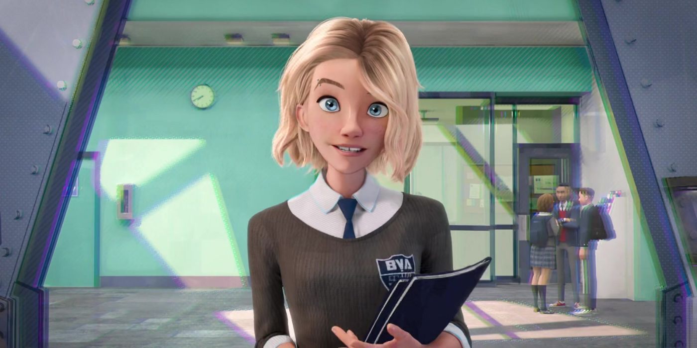 Gwen Stacy smiling in her school uniform during a Spider-Man: Into the Spider-Verse scene