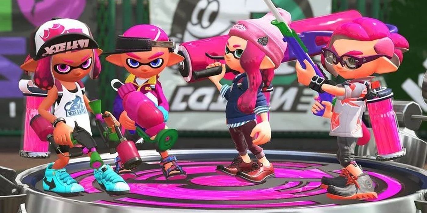 Four inklings stand together in Splatoon 2, holding a variety of weapons as they wait to engage in a Turf War match.