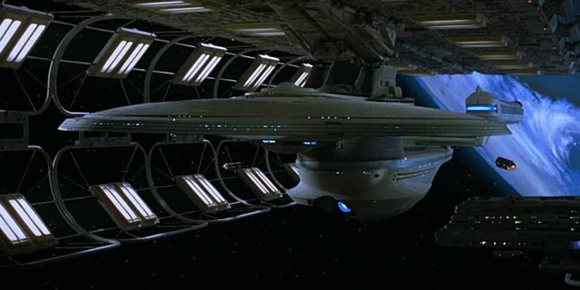 The Enterprise-B sits in space dock from Star Trek Generations