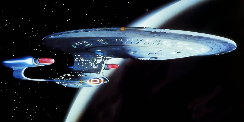 The Enterprise-D flies past a planet from Star Trek The Next Generation