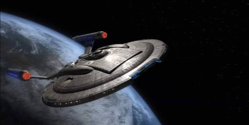 The Enterprise NX-01 flies over a planet from Star Trek Enterprise