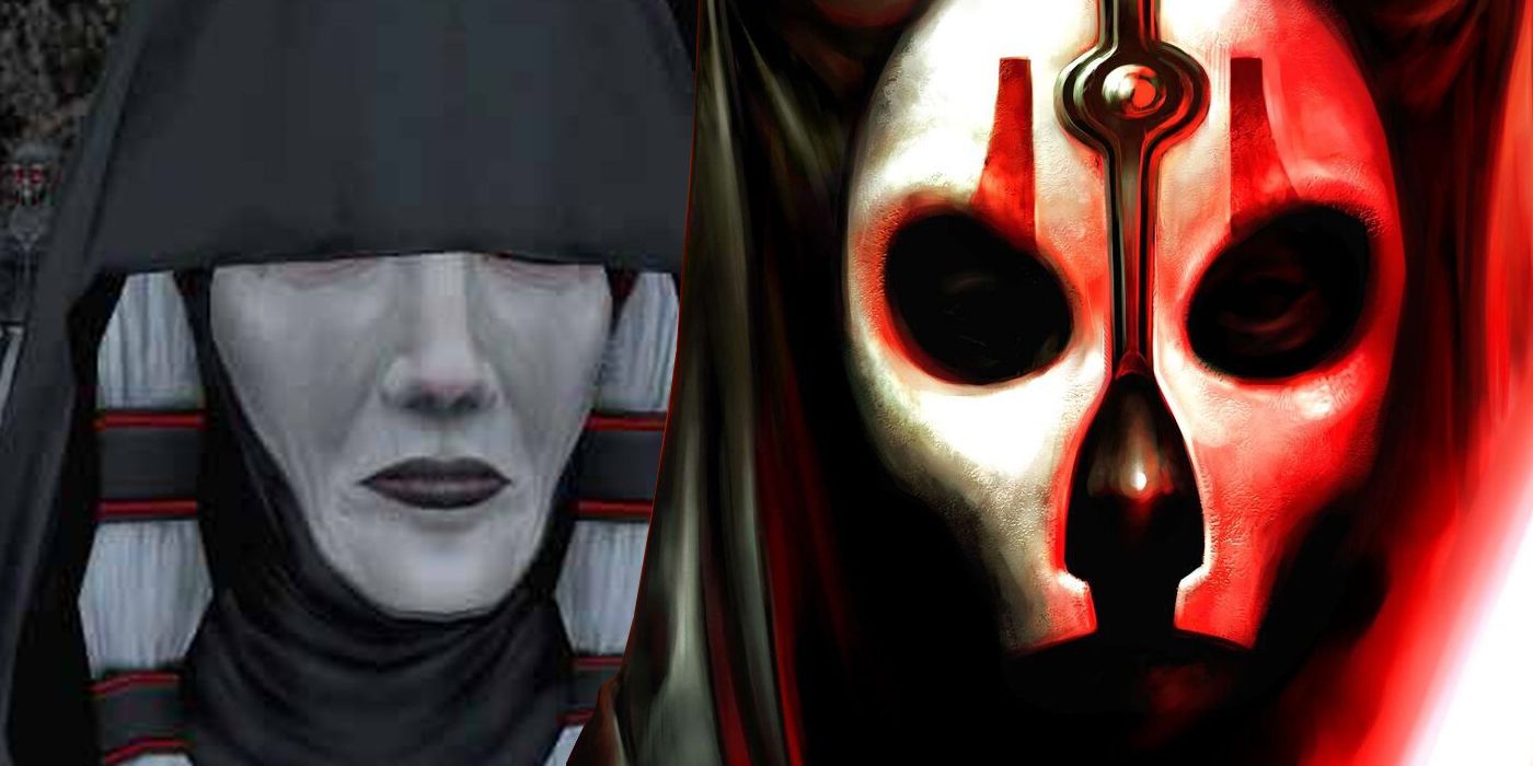 Tangkapan layar Darth Traya dari Star Wars: Knights of the Old Republic 2 - The Sith Lords dengan cover art KOTOR 2 dari Darth Nihilus menyalakan lightsaber merahnya.