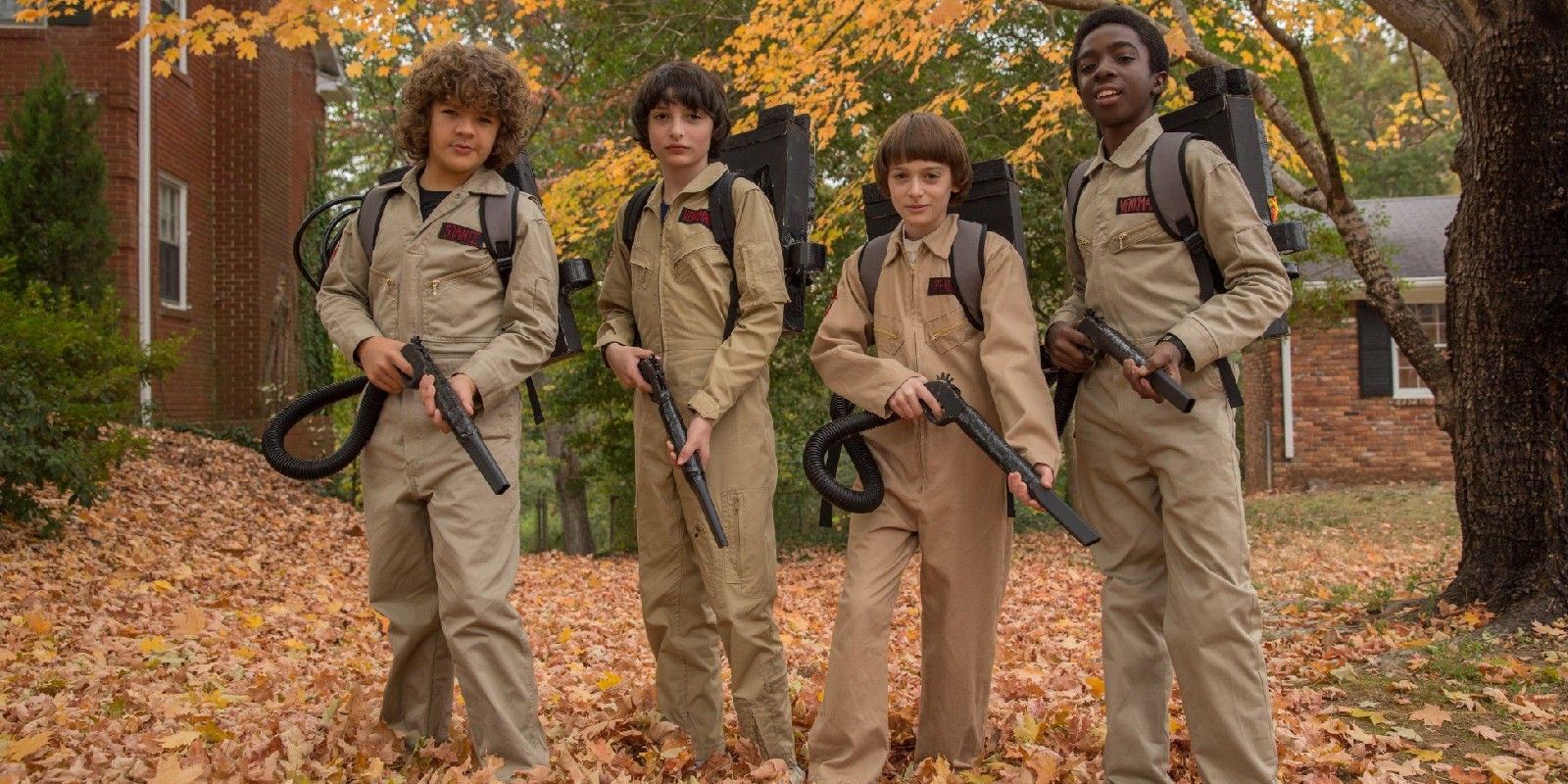 Dustin, Mike, Will and Lucas in Ghostbusters costumes in Stranger Things season 2