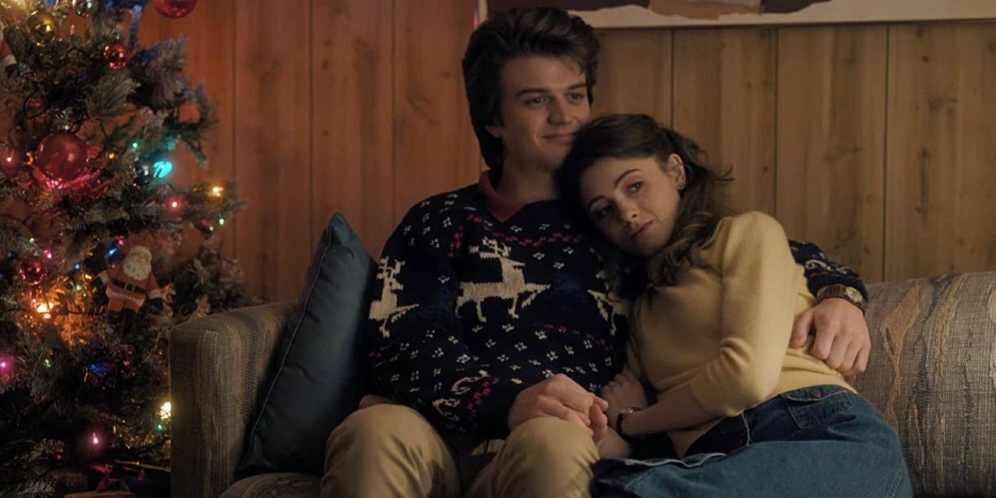 Nancy with her head on Steve's shoulder at Christmas in Stranger Things