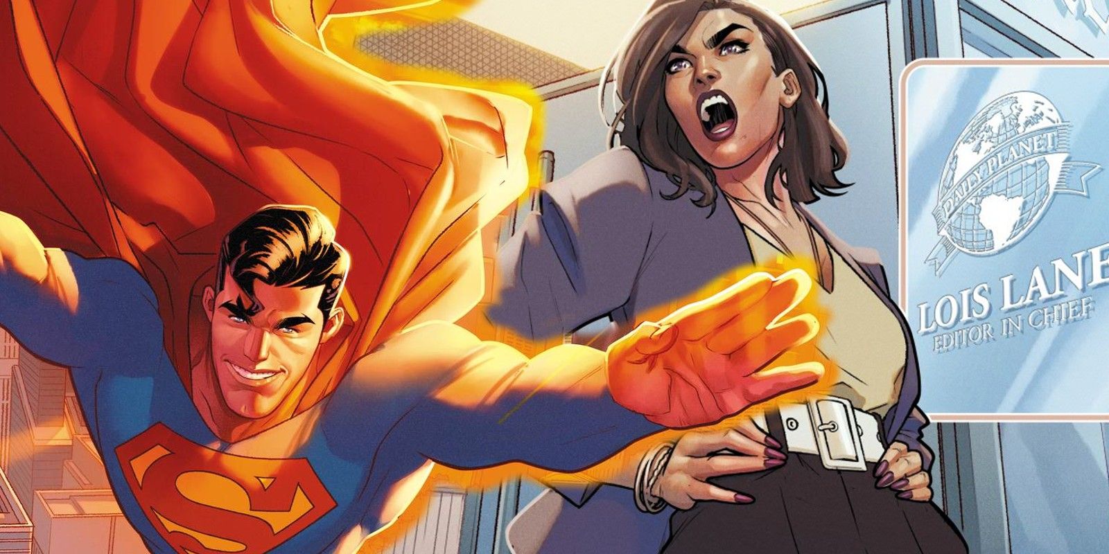 Superman Flying Over an Image of Lois Lane as Editor in Chief of Daily Planet