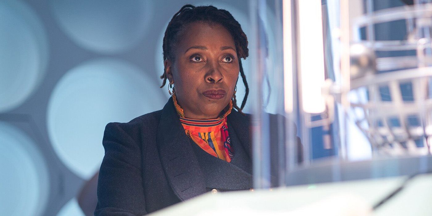 Jo Martin as the Fugitive Doctor in her TARDIS in Doctor Who.