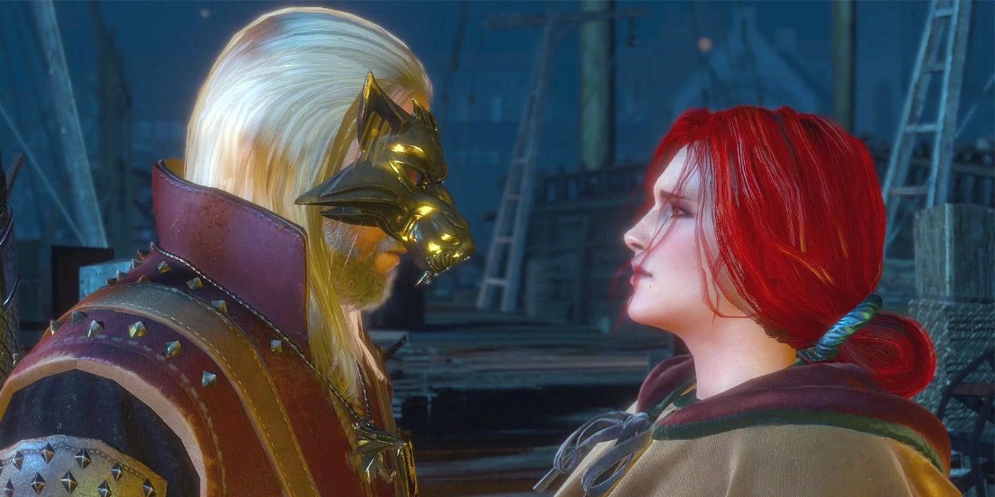 Geralt, who is wearing the wolf mask, and Triss are looking at each other in the dock at night in The Witcher 3.