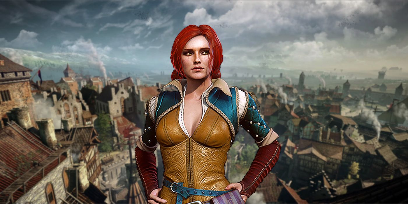 An image of Triss putting her hands on her hips with a blurred image of the city of Novigrad from The Witcher 3 behind her..