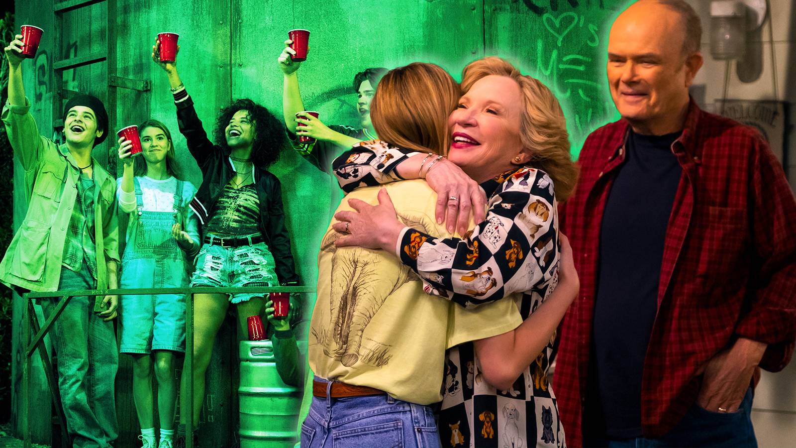 The teens toast on the water tower imposed over an image of Red and Kitty hugging Leia in That '90s Show