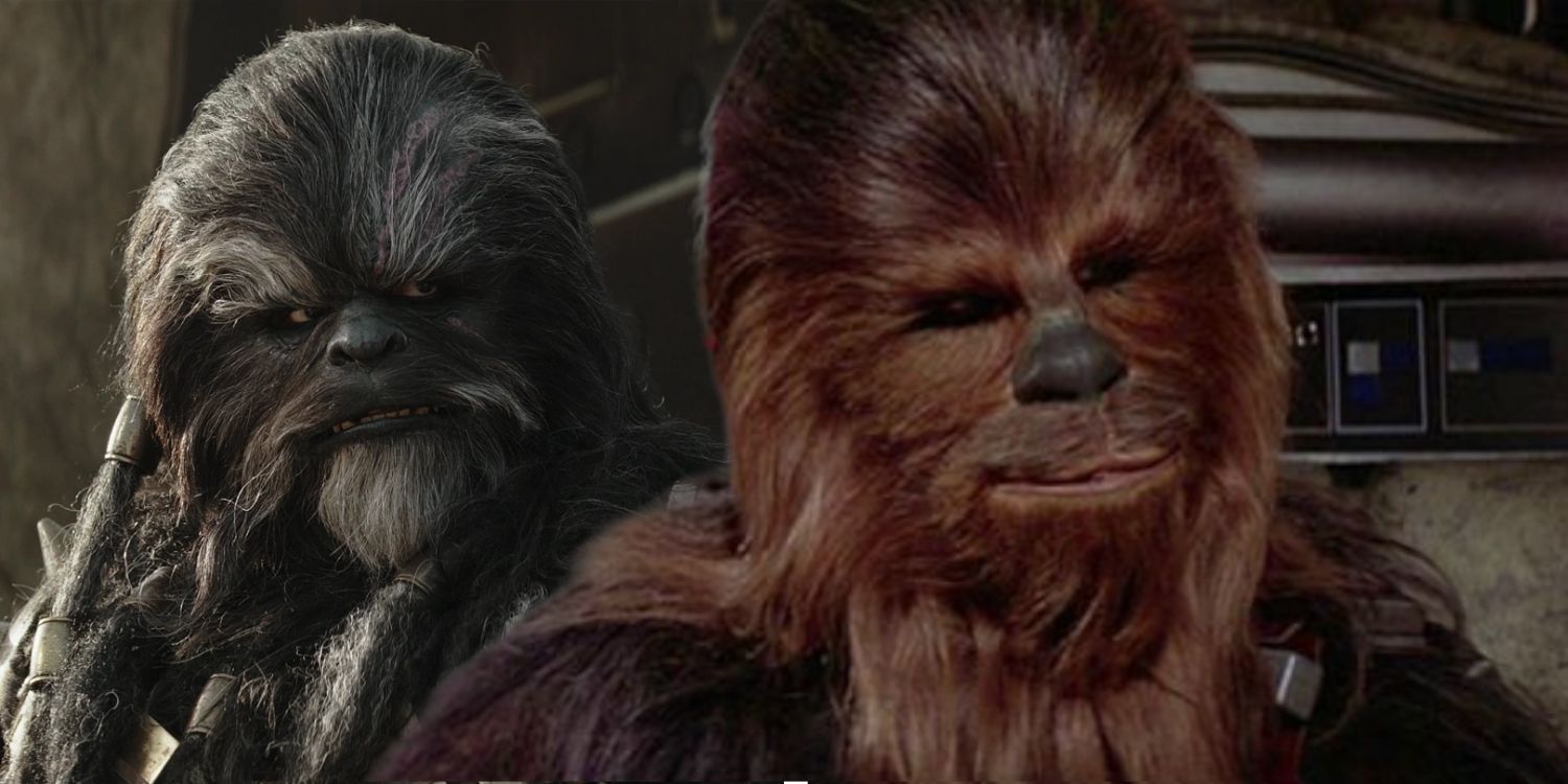 Split image of Krrsantan in The Book of Boba Fett and Chewbacca in A New Hope