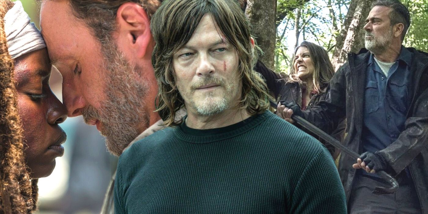 Blended image of the three main upcoming Walking Dead spinoff characters: Rick & Michonne, Daryl Dixon, and Negan & Maggie.