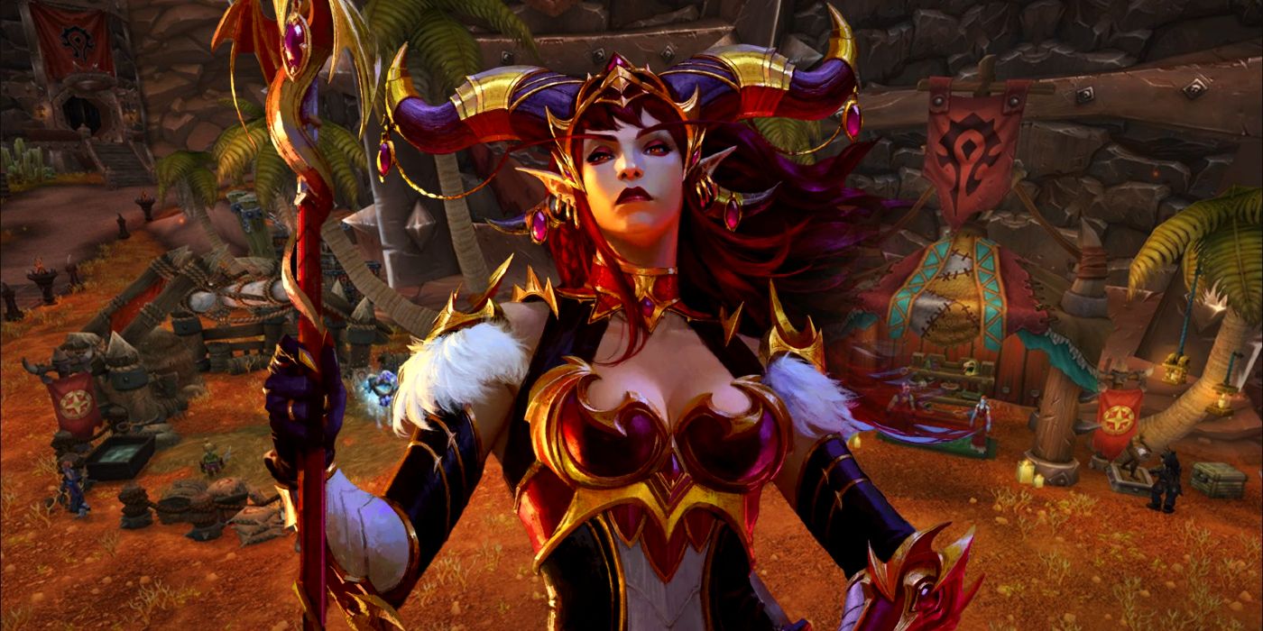 Screenshot of a Horde Trading Post in World of Warcraft: Dragonflight with artwork of a female WoW character wielding a staff pasted in the middle.