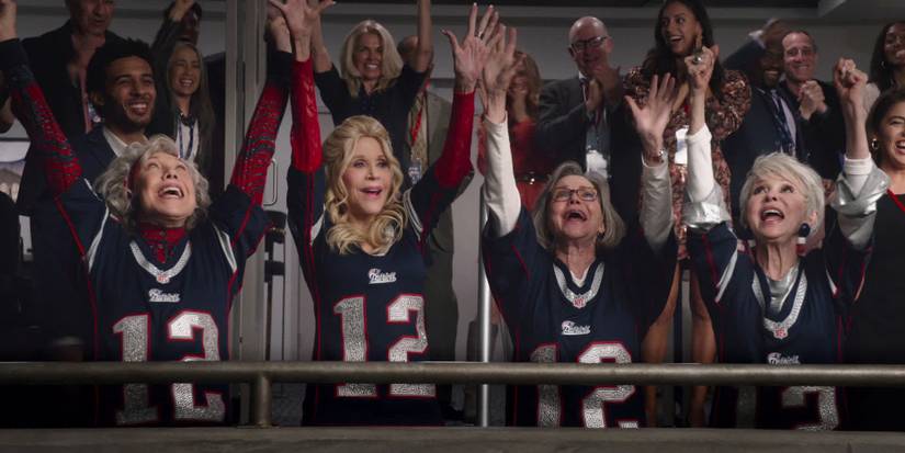 Джен Фонда, Салли Филд, Лили Томлин, Рита Монеро, болеющие за футбольную игру в 80 for Brady