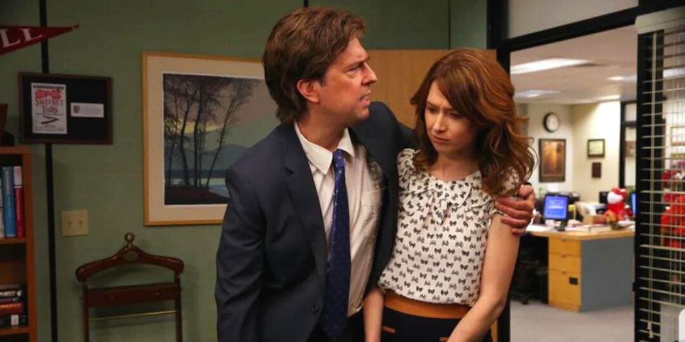 Ed Helms as Andy trying to hug Ellie Kemper as Erin in The Office