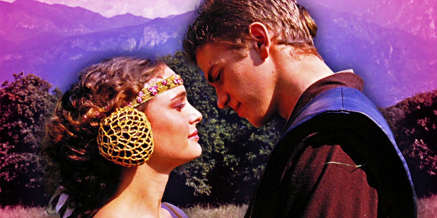 Anakin Skywalker and Padmé Amidala looking lovingly at each other in Attack of the Clones.