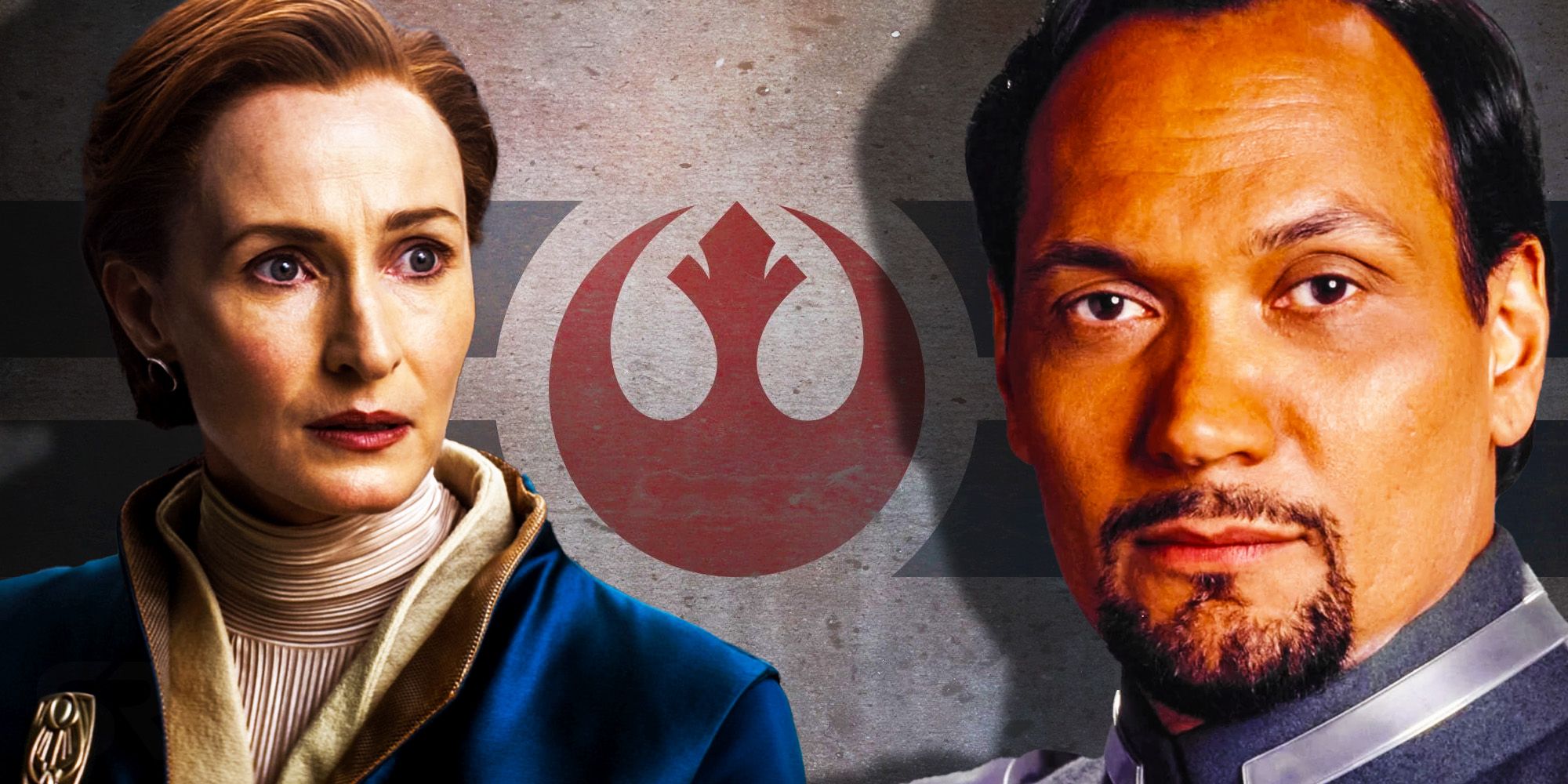 Bail Organa and Mon Mothma in live action in front of the Rebel Alliance symbol