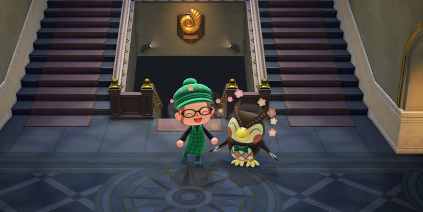 Blathers and a player character happily stand beside each other in the museum