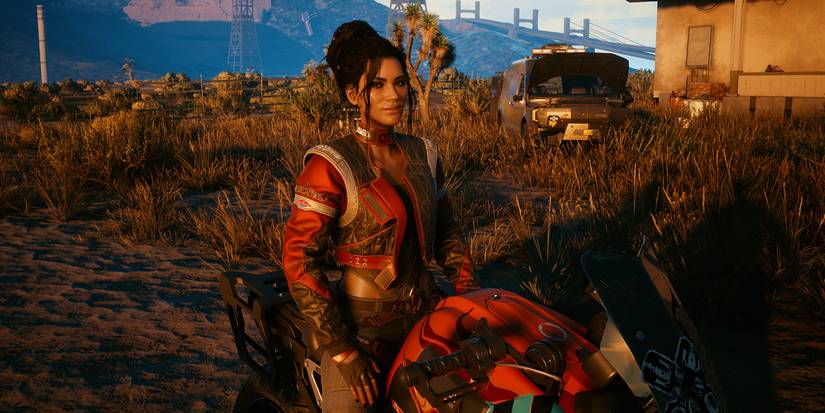 Панам сидит на мотоцикле в Cyberpunk 2077.