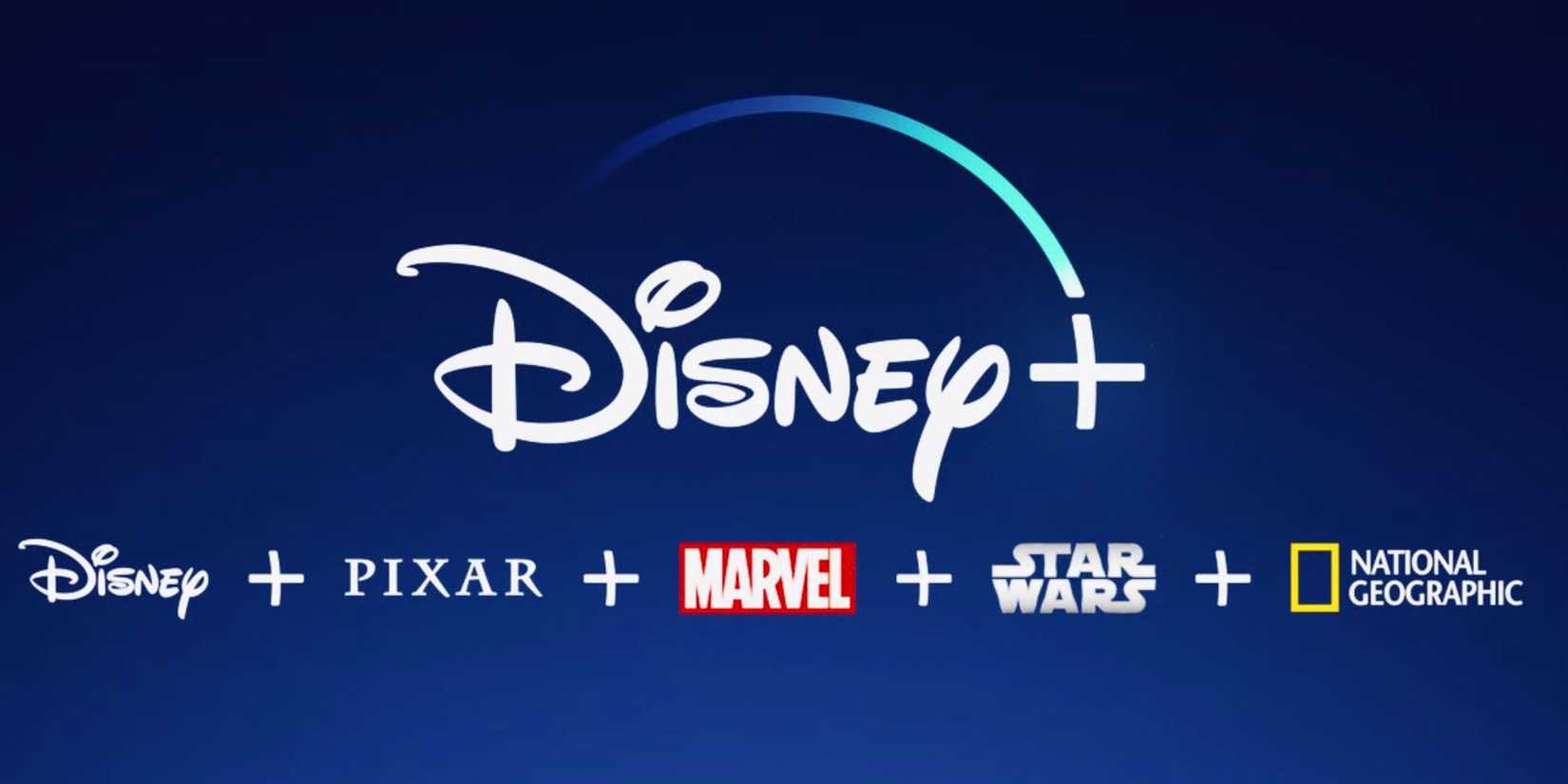 Disney+ logo with Disney, Pixar, Marvel, Star Wars, & National Geographic logos underneath