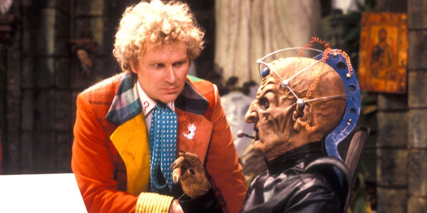 The Sixth Doctor talking to Davros in the Doctor Who serial Revelation of the Daleks