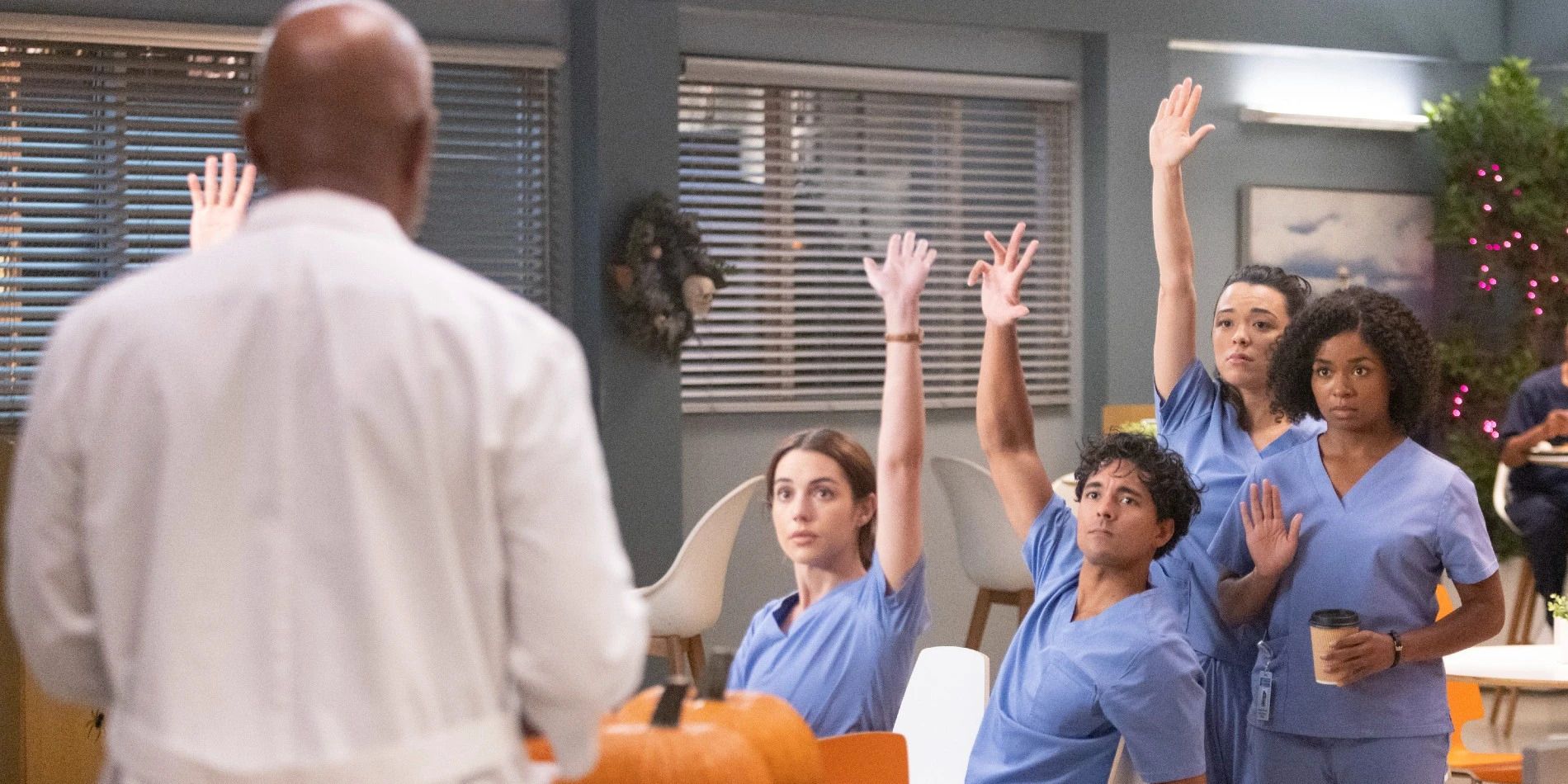 The interns of Grey's Anatomy season 19 raise their hands while Webber watches them