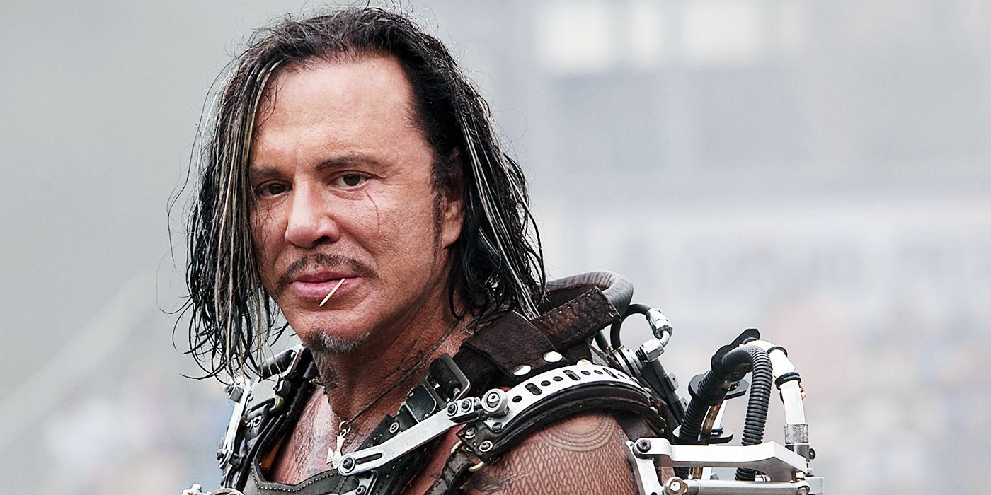A close-up of Mickey Rourke as Ivan Vanko AKA Whiplash in his partial power suit in Iron Man 2