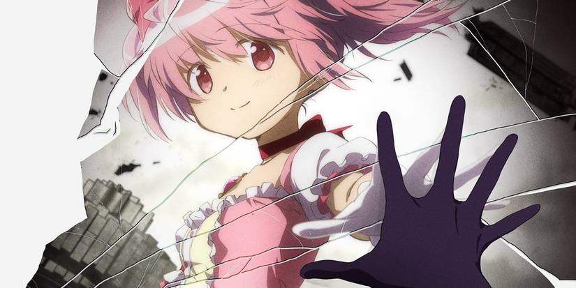 Madoka Magica: Rebellion poster showing Madoka in a shattered mirror.