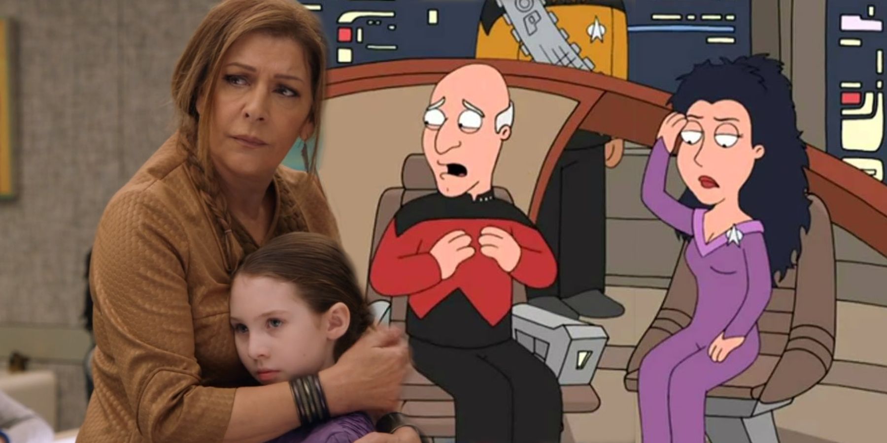 Marina Sirtis as a teacher in The Orville and as Deanna Troi in Family Guy