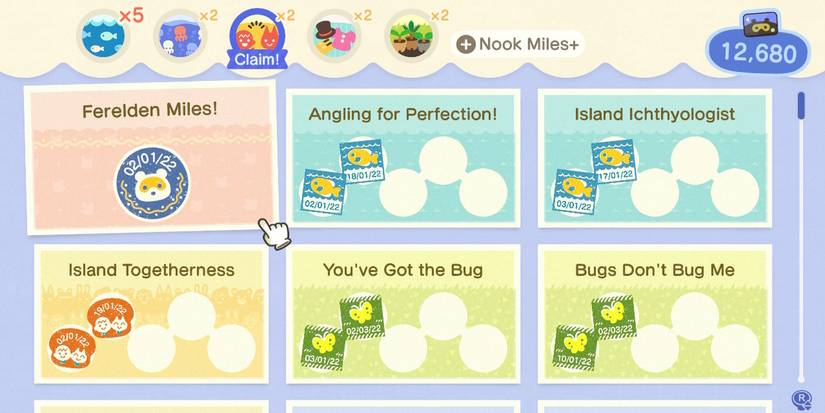 The Nook Miles achievement screen in Animal Crossing: New Horizons.