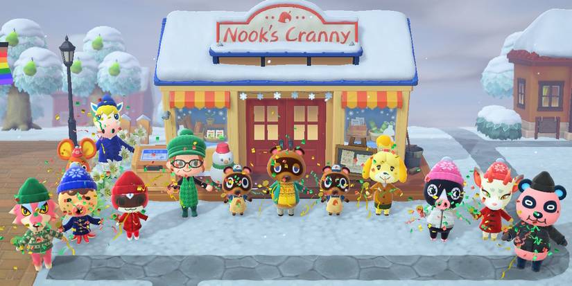 Animal Crossing villagers gather for the opening ceremony of Nook's Cranny