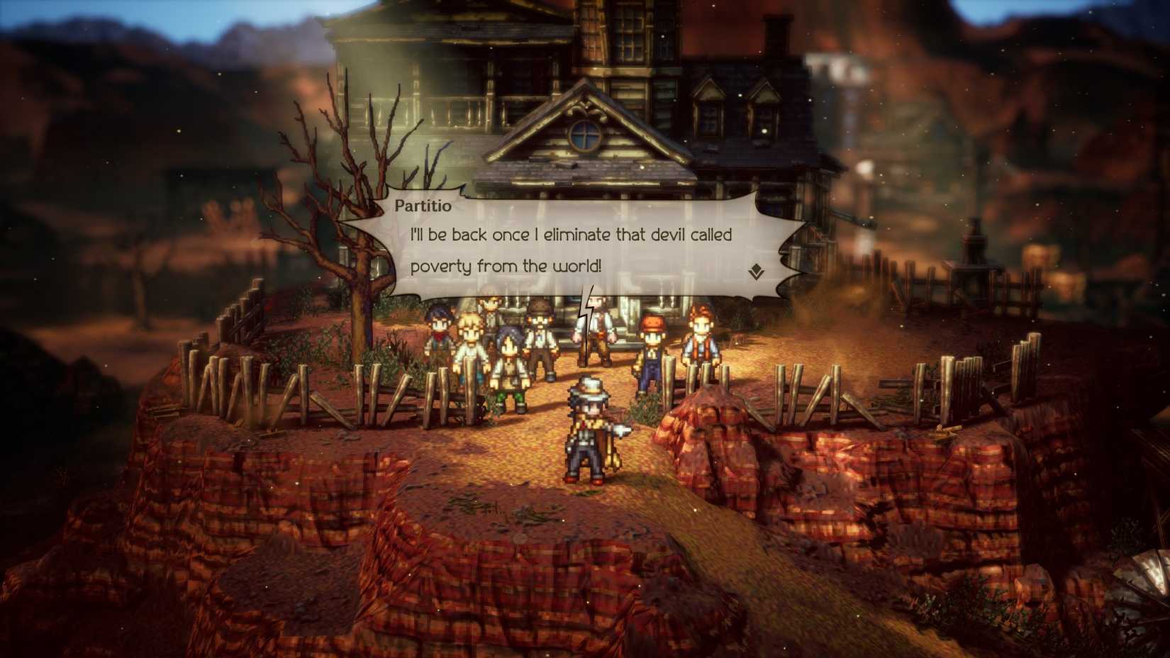 Octopath Traveler 2's Partitio gives a rousing speech in front of his workers and family in his small town.
