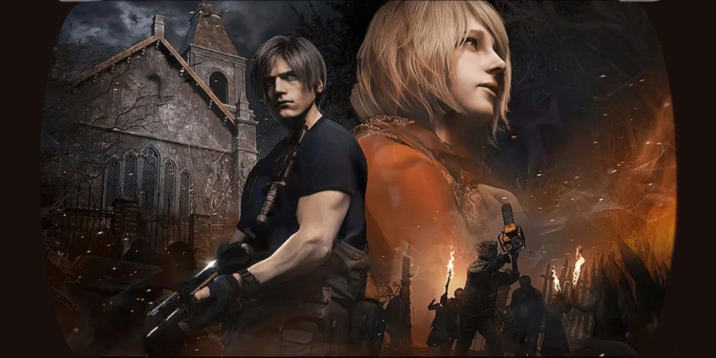 Leon Kennedy poses in front of the castle and villagers from Resident Evil 4, with Ashley Graham's image hovering over the scene.