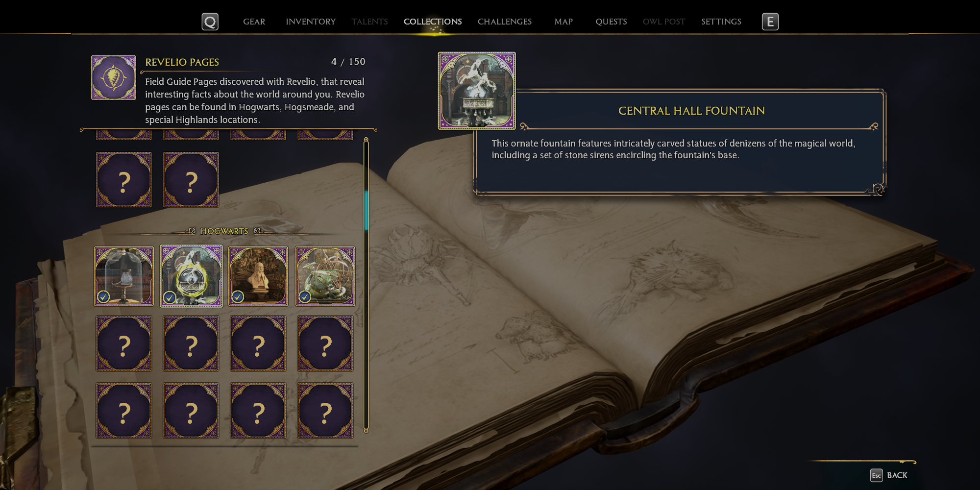 páginas do guia de campo revelio no menu de coleções no legado de hogwarts