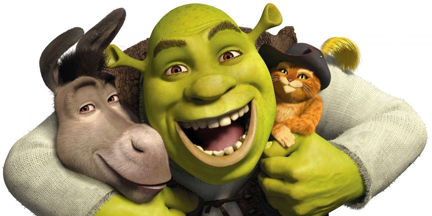 Shrek hugging a donkey and cats in boots