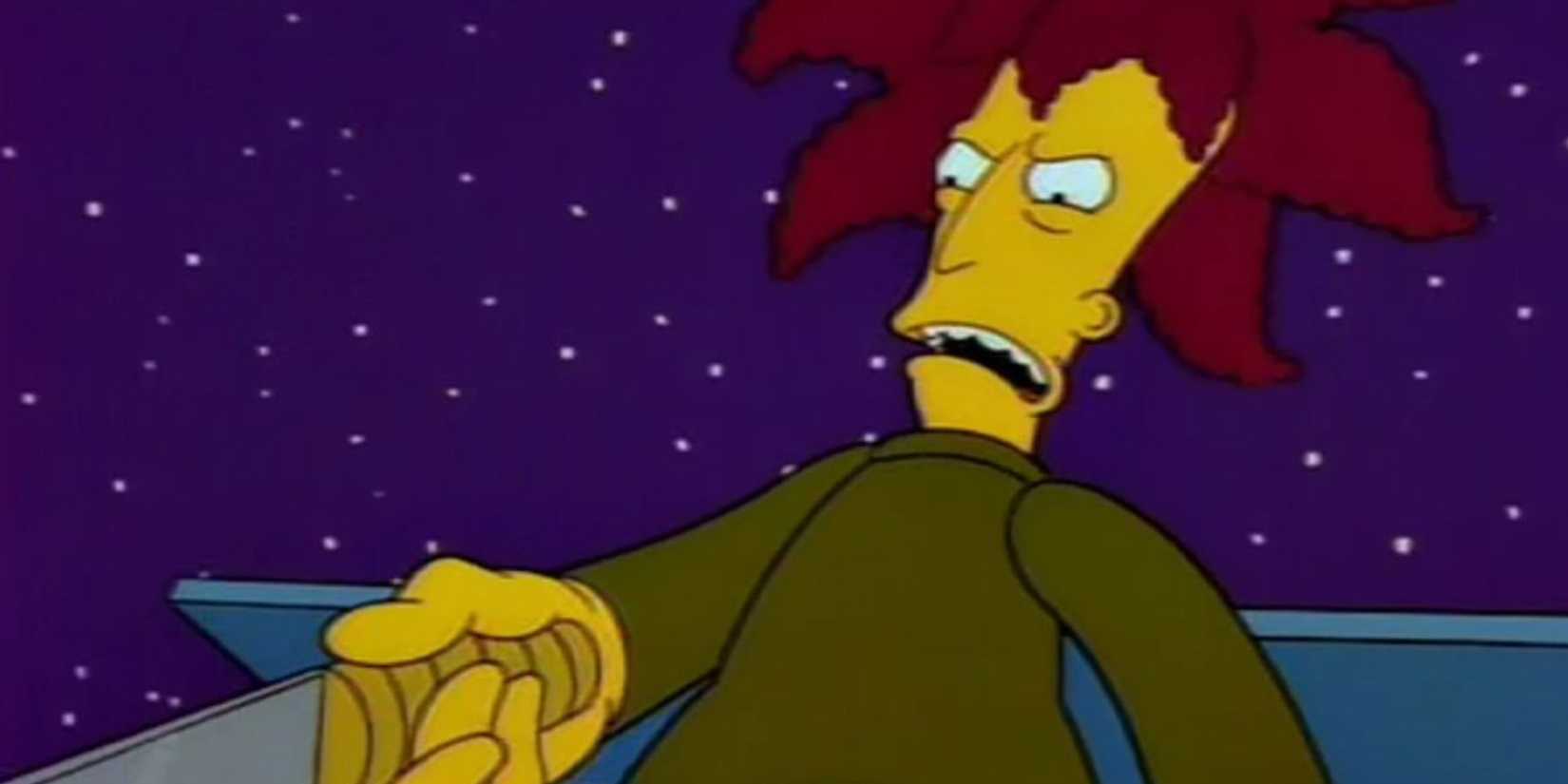 Sideshow Bob apontando um facão para Bart em um barco na casa em Os Simpsons.