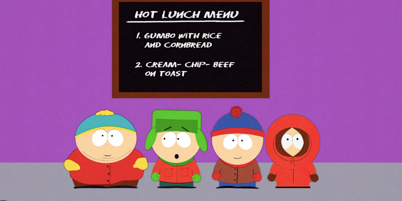 The South Park kids in the cafeteria standing in front of the lunch menu board.