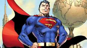 Superman in the Comics wearing the costume with trunks