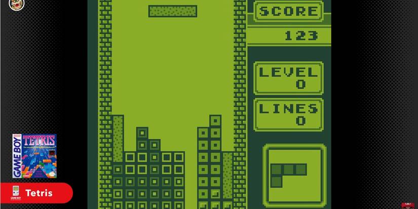 10 Most Important Nintendo Games Of All Time 7 Tetris for Game Boy Coming To Nintendo Switch Online, screenshot of an original game boy tetris game with green background and dark green blocks