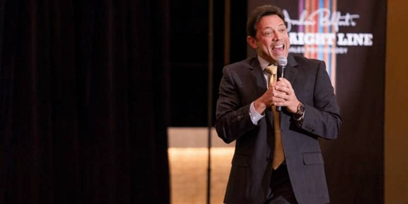 The real Jordan Belfort on stage in The Wolf of Wall Street