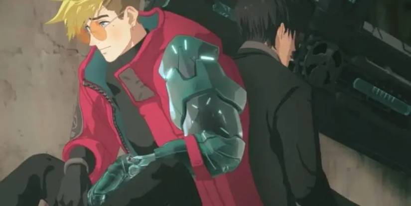 vash and wolfwood sitting together in trigun stampede episode 5