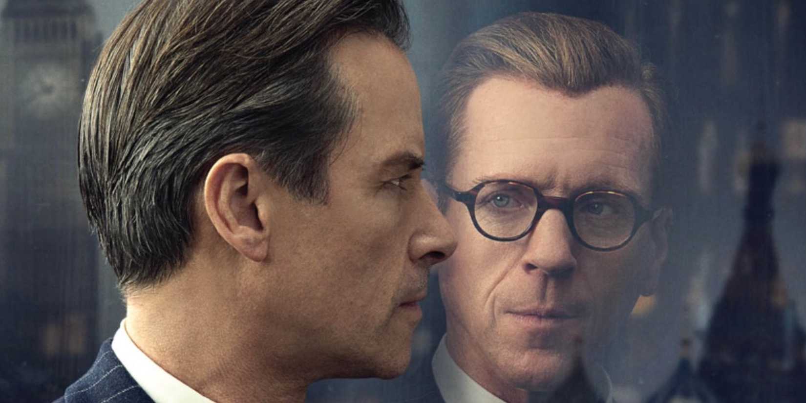 Pôster de A Spy Among Friends com Damian Lewis olhando para Guy Pearce com uma janela entre eles