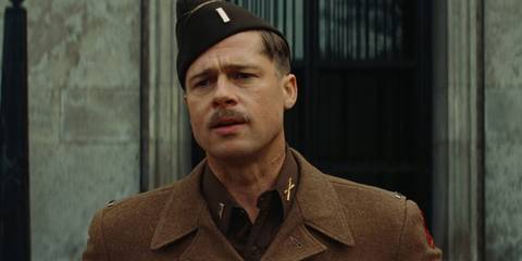 Aldo (Brad Pitt) in uniform talking to his recruits in Inglourious Basterds
