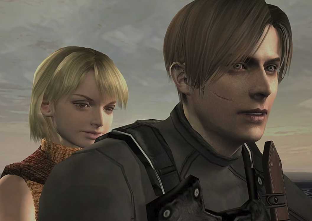 Ashley and Leon look back at the destroyed island from the jet ski in front of a colorful sunrise at the end of the original Resident Evil 4