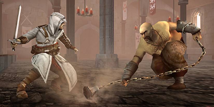 Assassin's Creed Bloodlines protagonist Altair fighting a muscular chain-wielding man.