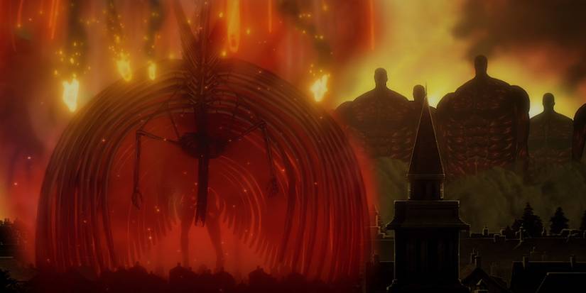 Attack on Titan's Rumbling with Eren in his Founding Titan form looming over the battlefield.